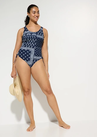 Costum de baie shape cu efect modelator ușor și încrețituri laterale • bleumarin- alb, cu imprimeu • magazin bonprix