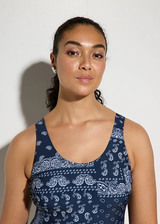 Costum de baie shape cu efect modelator ușor și încrețituri laterale • bleumarin- alb, cu imprimeu • magazin bonprix