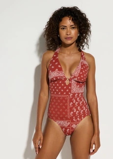 Badpak met een speciale rugconstructie • chilirood-wit met print • bonprix online shop