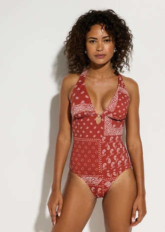 Badpak met een speciale rugconstructie, Kleur: chilirood-wit met print