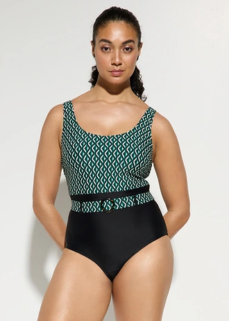 Costum de baie cu efect modelator mediu, cu cordon • negru-verde-alb grafic • magazin bonprix