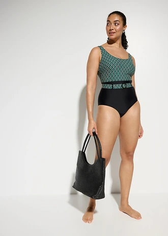 Costum de baie cu efect modelator mediu, cu cordon • negru-verde-alb grafic • magazin bonprix