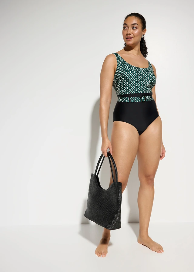 Maillot sculptant avec ceinture, maintien modéré, Couleur: noir-vert-blanc graphique