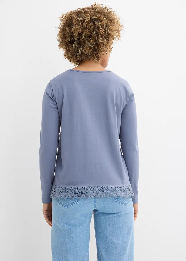 Bluză cu mâneci lungi din bumbac 100% (set/ 2 buc.) • albastru fumuriu-bleumarin • magazin bonprix