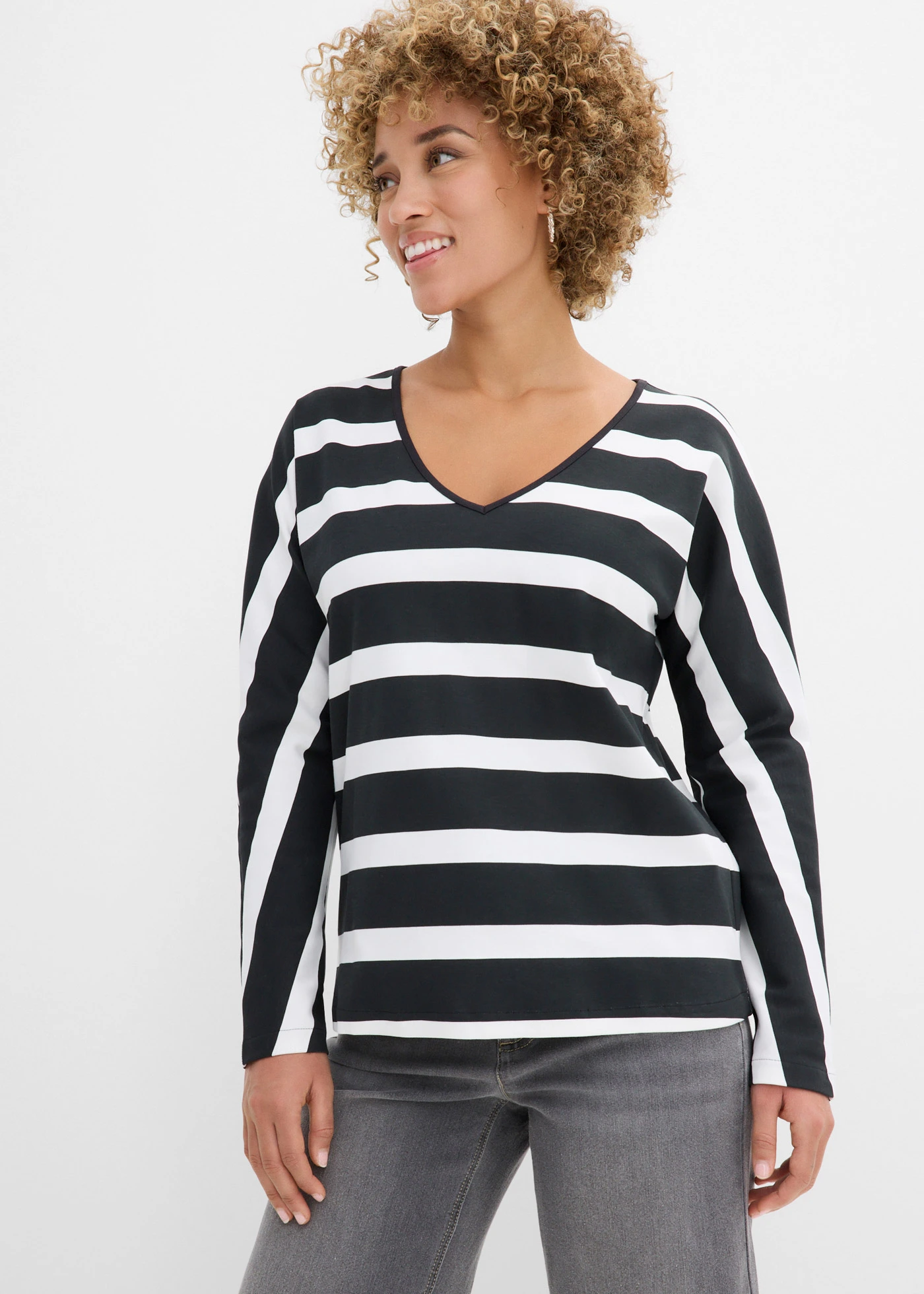 Bluză cu mâneci lungi din bumbac organic 100% • negru/ecru dungat • magazin bonprix