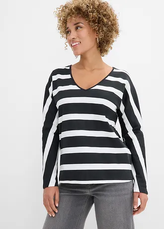 Bluză cu mâneci lungi din bumbac organic 100% • negru/ecru dungat • magazin bonprix