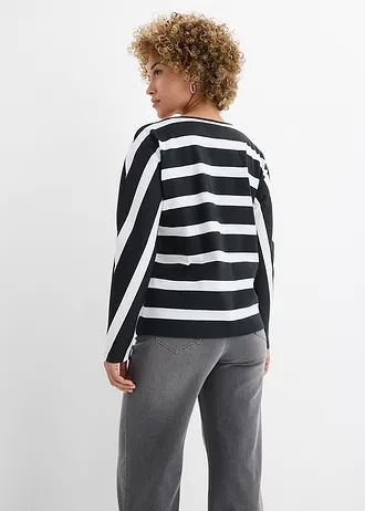 Bluză cu mâneci lungi din bumbac organic 100%, culoare: negru/ecru dungat