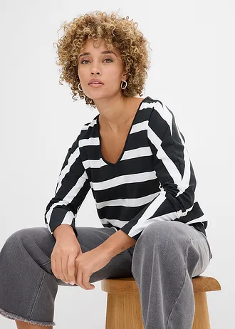 Bluză cu mâneci lungi din bumbac organic 100% • negru/ecru dungat • magazin bonprix