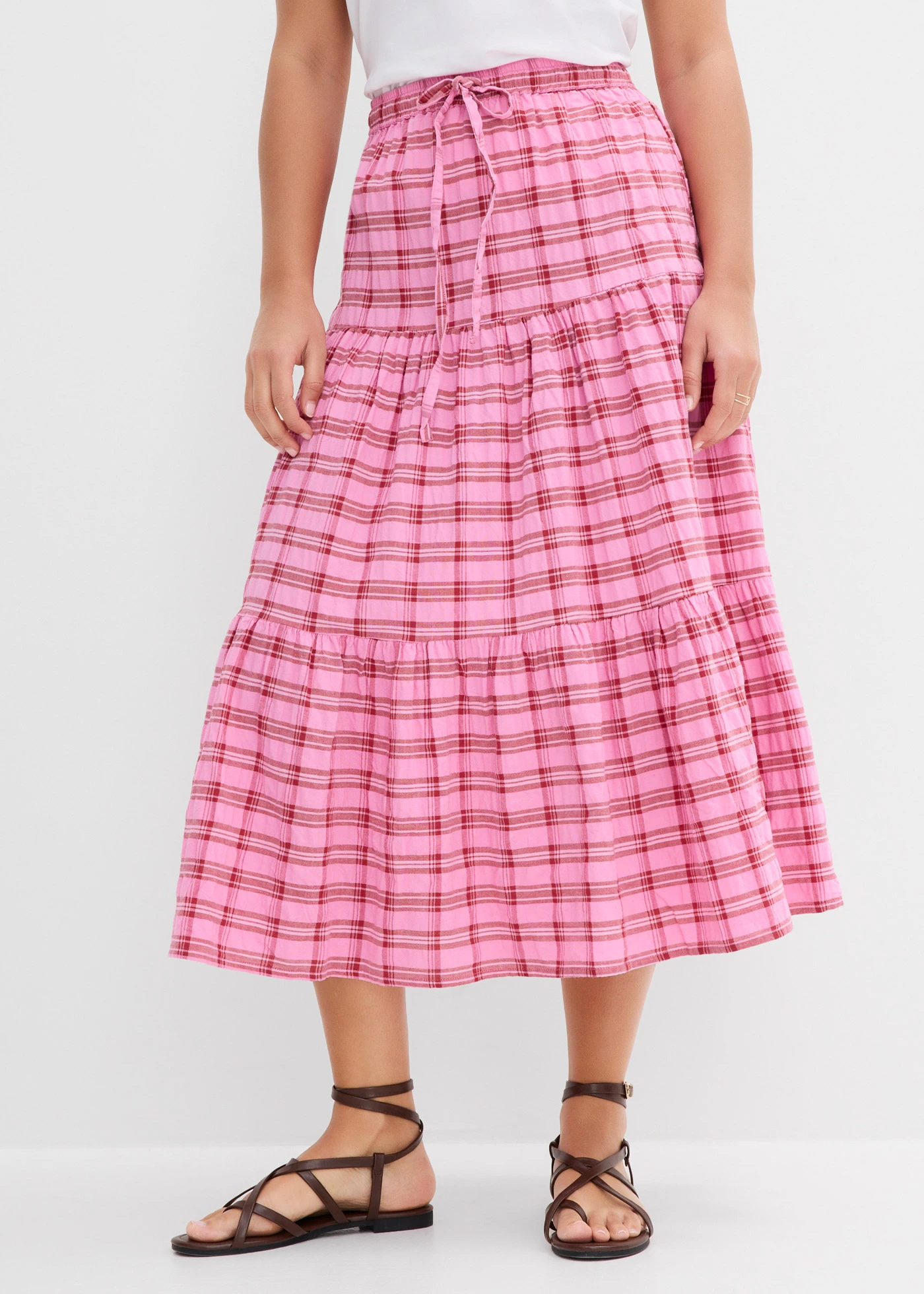 Jupe midi 100% coton • rose-rouge cerise carreaux • Boutique bonprix