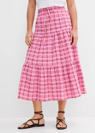 Fustă midi din bumbac 100% • roz-roșu-cireașă cadrilat • magazin bonprix