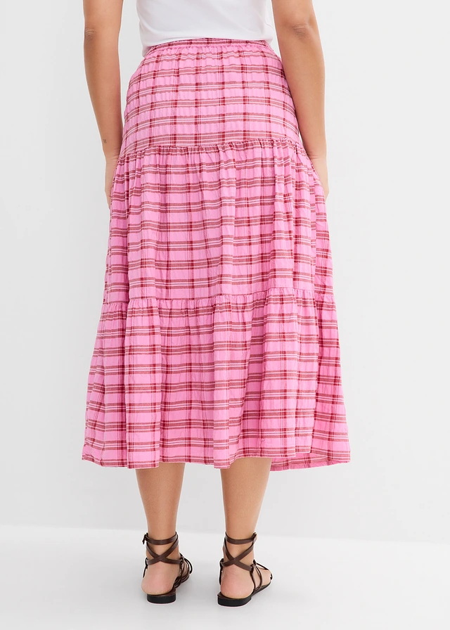 Jupe midi 100% coton, Couleur: rose-rouge cerise carreaux