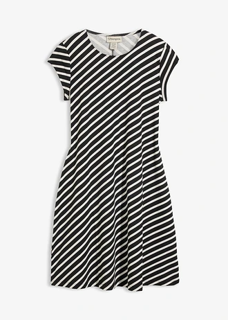 Rochie din jerse cu croială care pune în valoare silueta • negru/alb perlat cu dungi • magazin bonprix