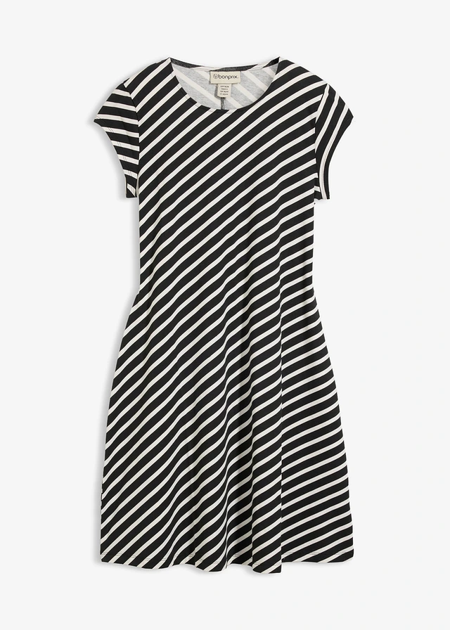 Rochie din jerse cu croială care pune în valoare silueta • negru/alb perlat cu dungi • magazin bonprix