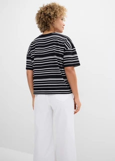 T-shirt rayé 100% coton, Couleur: noir-blanc nacré rayé