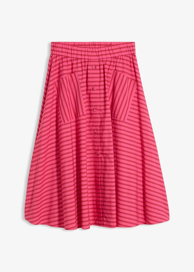 Jupe midi 100% coton, Couleur: fraise-rouge rubis-fuchsia rayé