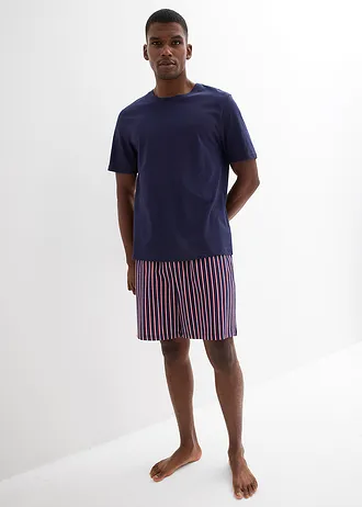 Pyjashort 100% coton avec short tissé, Couleur: bleu marine-rouge foncé rayé