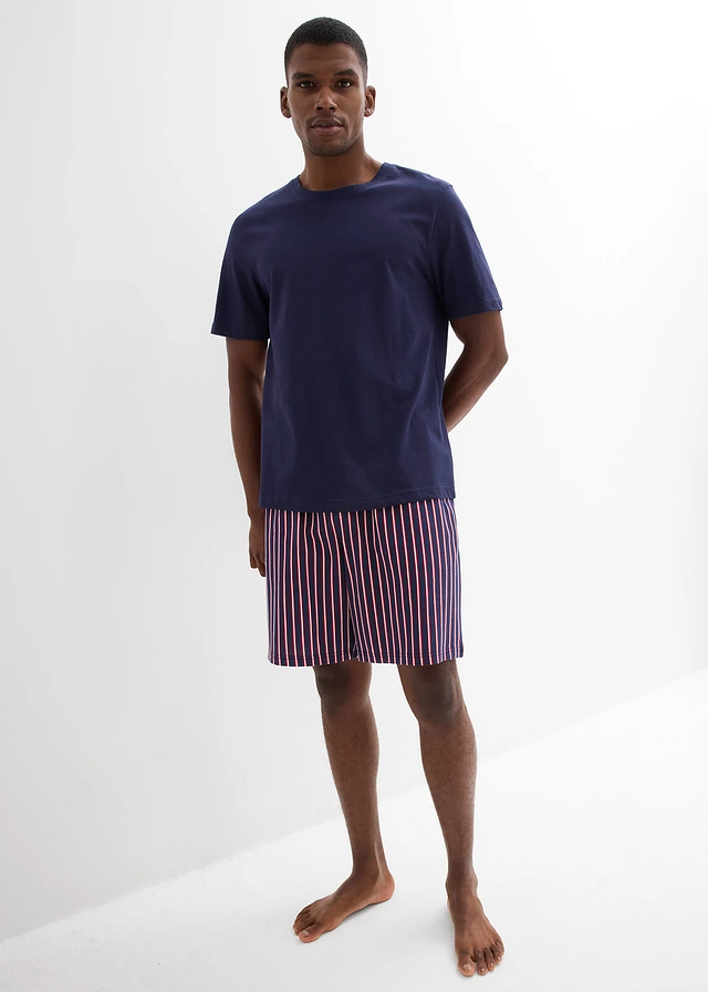 Pyjashort 100% coton avec short tissé, Couleur: bleu marine-rouge foncé rayé