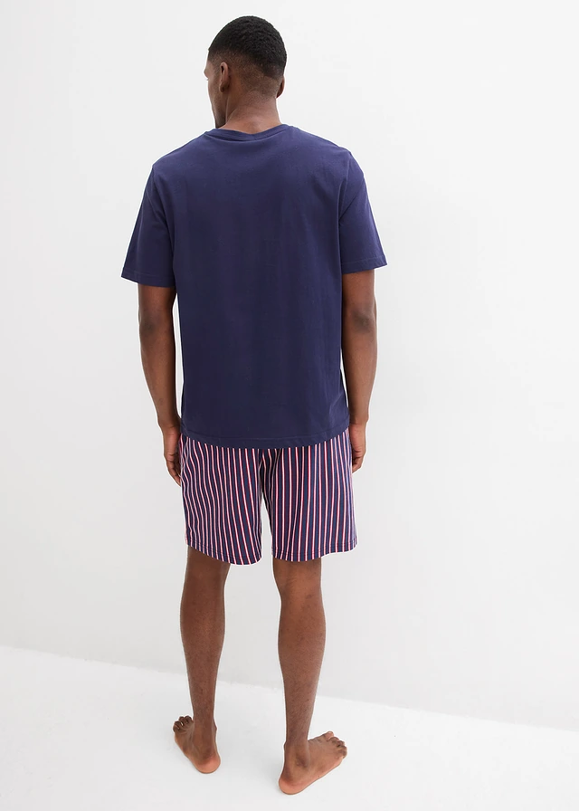 Pyjashort 100% coton avec short tissé, Couleur: bleu marine-rouge foncé rayé