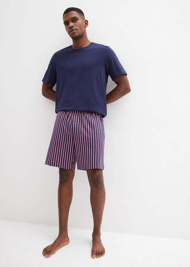 Pyjashort 100% coton avec short tissé, Couleur: bleu marine-rouge foncé rayé