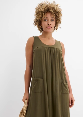 Rochie jerse cu buzunare din viscoză moale • oliv închis • magazin bonprix