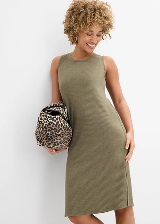 Robe côtelée et fendue sur les côtés • olive foncé chiné • Boutique bonprix