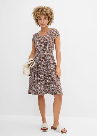 Rochie din jerse din amestec cu viscoză, culoare: maro-ecru cu imprimeu