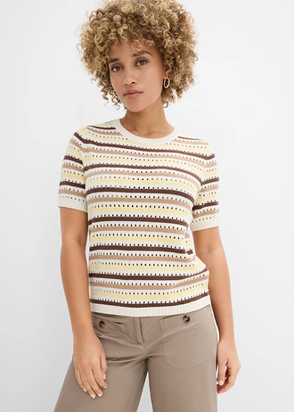 Geribd shirt met ajourpatroon, Kleur: parelwit/bruin/mat camel/lichtgeel gestreept