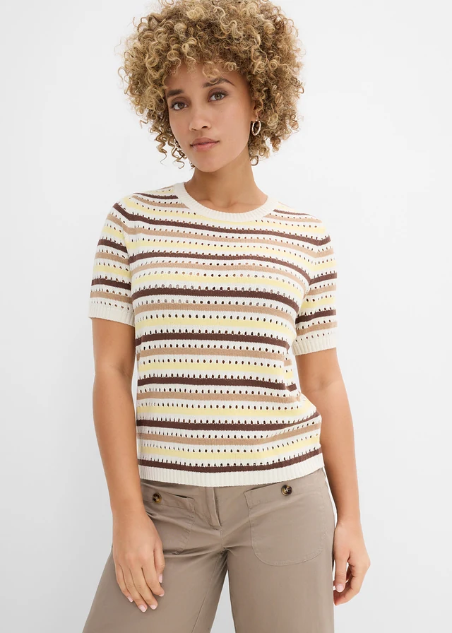 T-shirt en maille ajourée • blanc nacré-marron-camel mat-jaune clair rayé • product-page.page-title-suffix