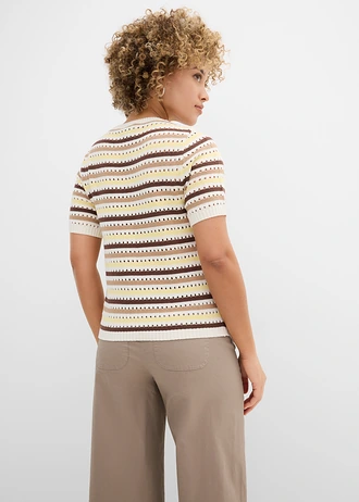 T-shirt en maille ajourée, Couleur: blanc nacré/marron/camel mat/jaune clair rayé