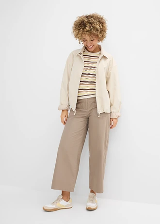 Geribd shirt met ajourpatroon, Kleur: parelwit/bruin/mat camel/lichtgeel gestreept