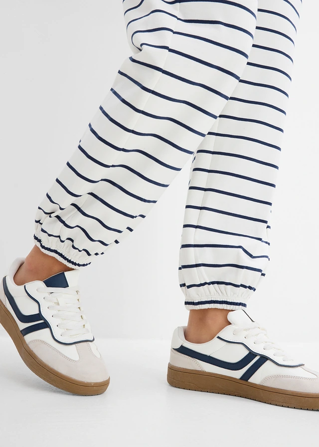 Pantaloni casual din material cu bumbac • ecru/bleumarin cu dungi orizontale • magazin bonprix