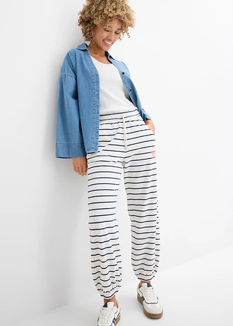 Pantalon sweat en coton mélangé • écru/bleu foncé rayé • Boutique bonprix