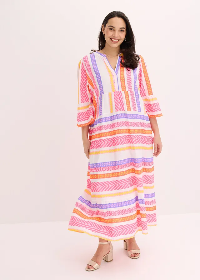Robe longue en viscose fluide, Couleur: blanc-rose fluo-orange fluo imprimé