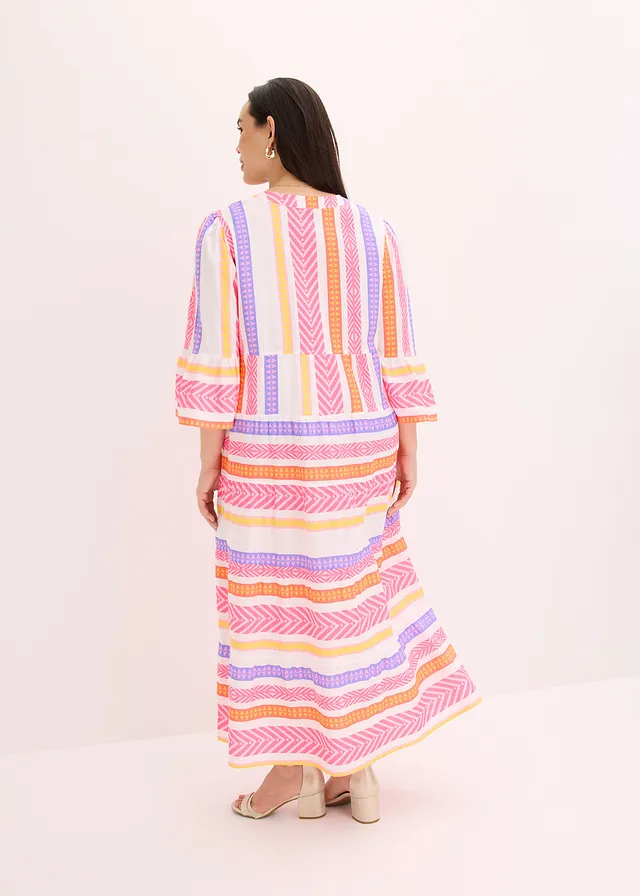 Robe longue en viscose fluide, Couleur: blanc-rose fluo-orange fluo imprimé