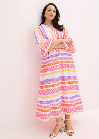 Maxi jurk van soepele viscose, Kleur: wit/neonpink/neonoranje met print