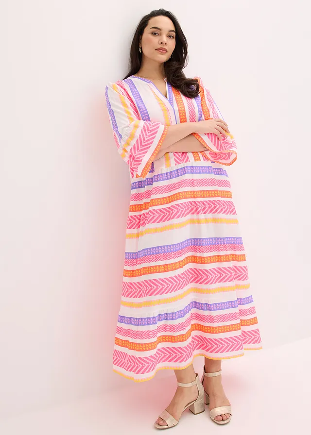 Robe longue en viscose fluide, Couleur: blanc-rose fluo-orange fluo imprimé