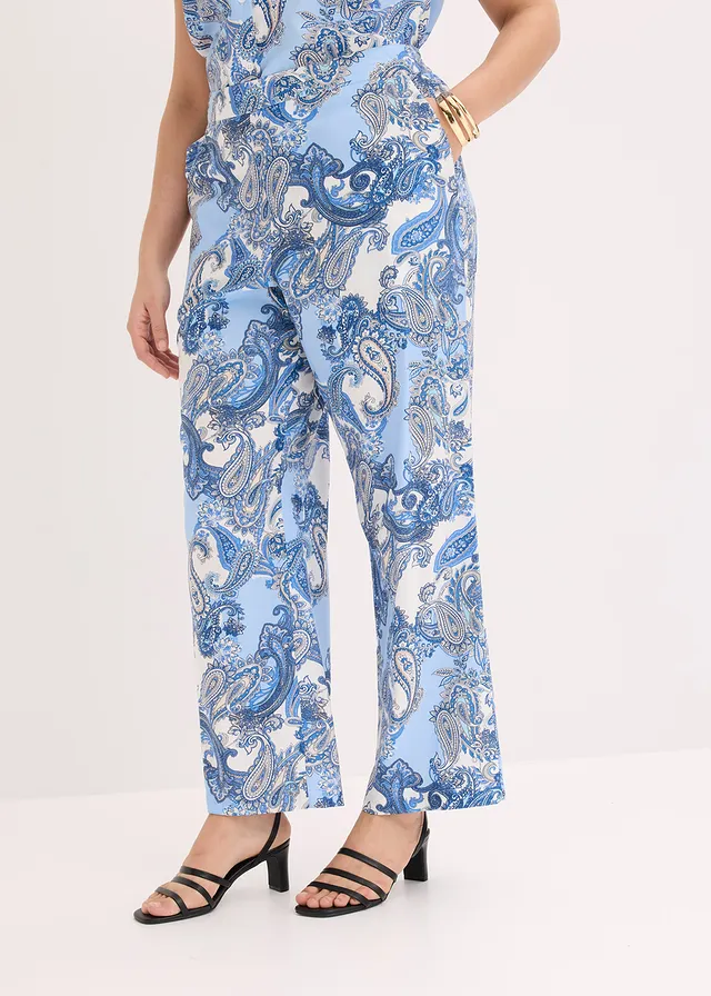 Gedessineerde broek van soepele viscose, Kleur: wit-lichtblauw
