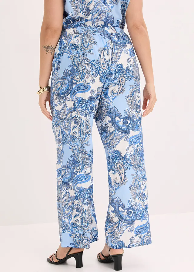 Gedessineerde broek van soepele viscose, Kleur: wit-lichtblauw