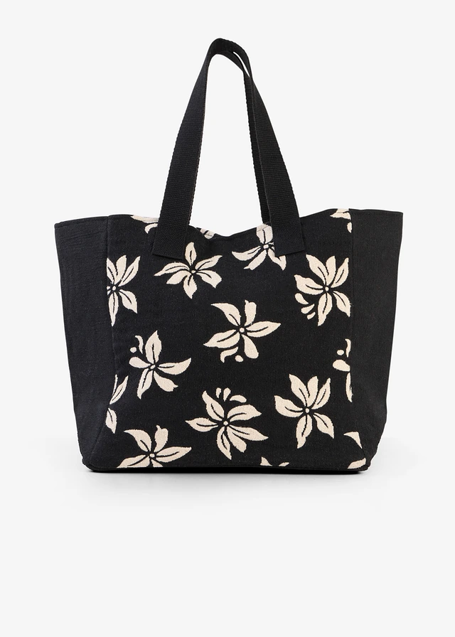 Shopper van canvas met bloemenpatroon, Kleur: wolwit-zwart grafische print