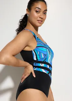 Alakformáló fürdőruha közepes formáló hatással • fekete-kék grafikai mintás • bonprix áruház