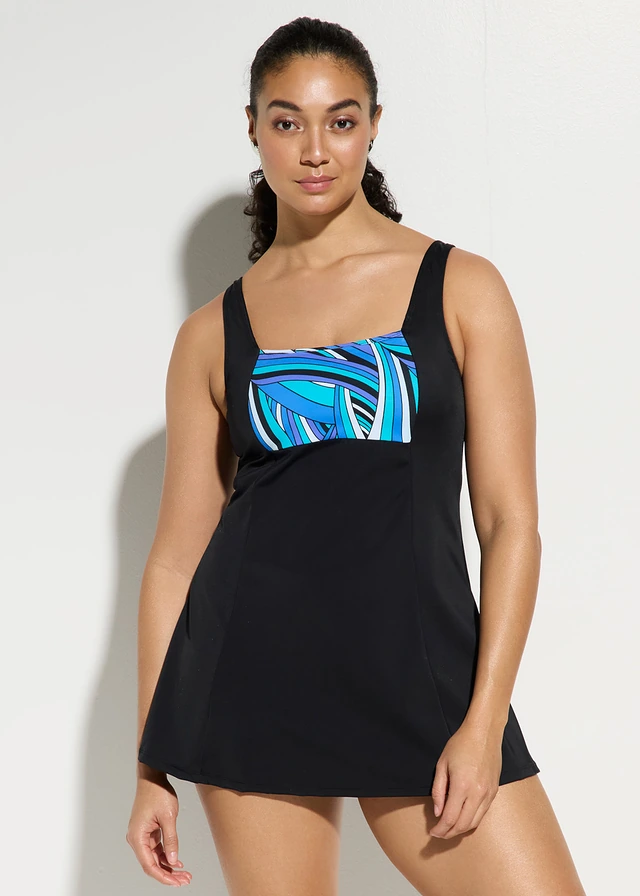 Robe de bain sculptante, jambe longue, maintien léger • noir/bleu graphique • product-page.page-title-suffix