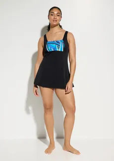 Costum de baie rochie cu efect modelator ușor, model mai lung pe picior • negru-albastru grafic • magazin bonprix