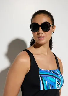 Costum de baie rochie cu efect modelator ușor, model mai lung pe picior • negru-albastru grafic • magazin bonprix