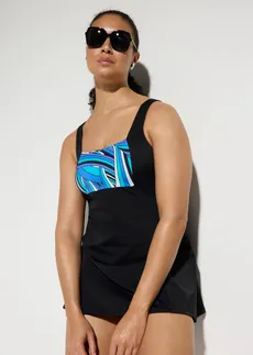 Costum de baie rochie cu efect modelator ușor, model mai lung pe picior • negru-albastru grafic • magazin bonprix