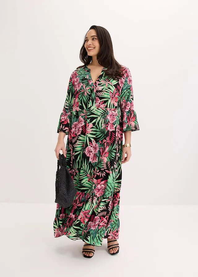 Robe longue en viscose fluide, Couleur: noir/vert floral