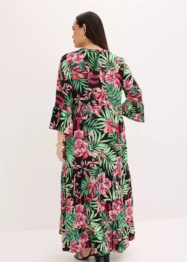 Robe longue en viscose fluide, Couleur: noir/vert floral