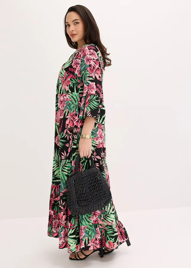 Robe longue en viscose fluide, Couleur: noir/vert floral