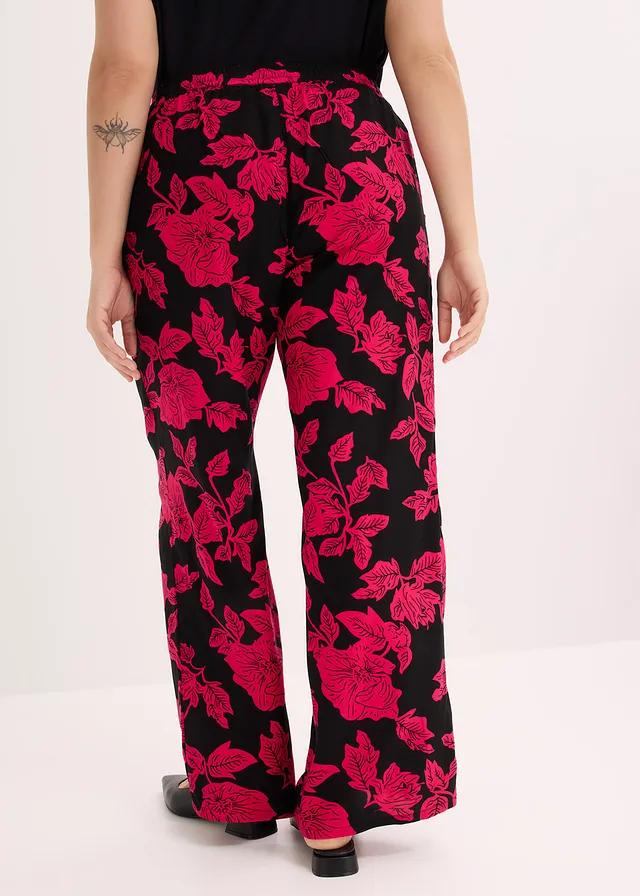 Palazzo broek van soepele viscose, Kleur: zwart/magentapink  gebloemd