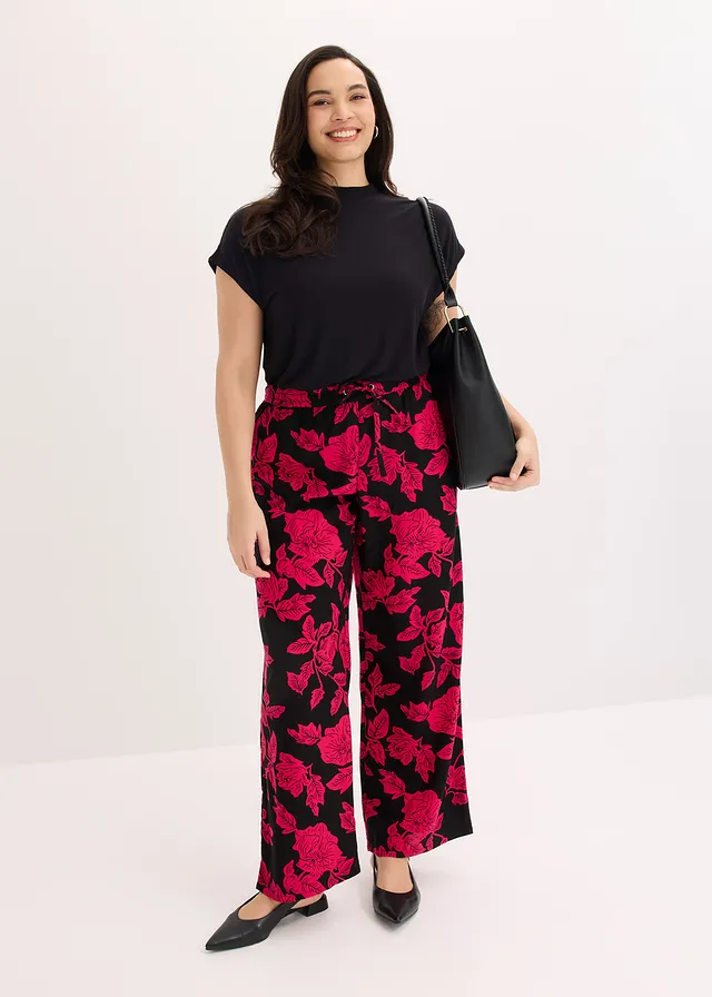 Palazzo broek van soepele viscose, Kleur: zwart/magentapink  gebloemd