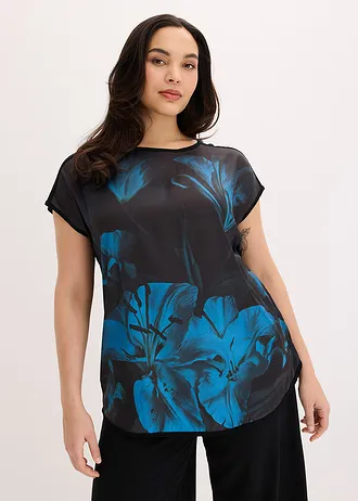 Shirt in een zachte viscosemix met print, Kleur: zwart-petrol gebloemd